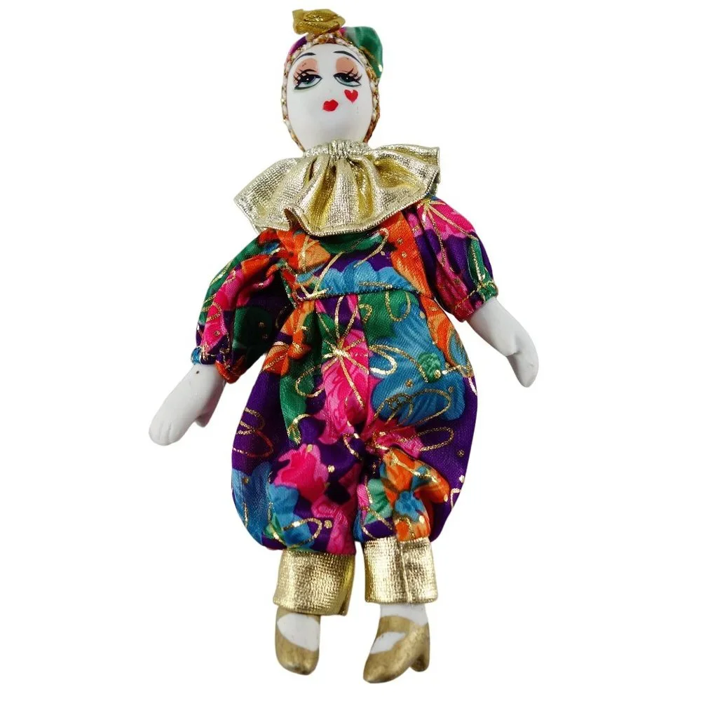Porcelain and Fabric Small Collectible Harlequin Jester Doll Figures Set‎ of 2